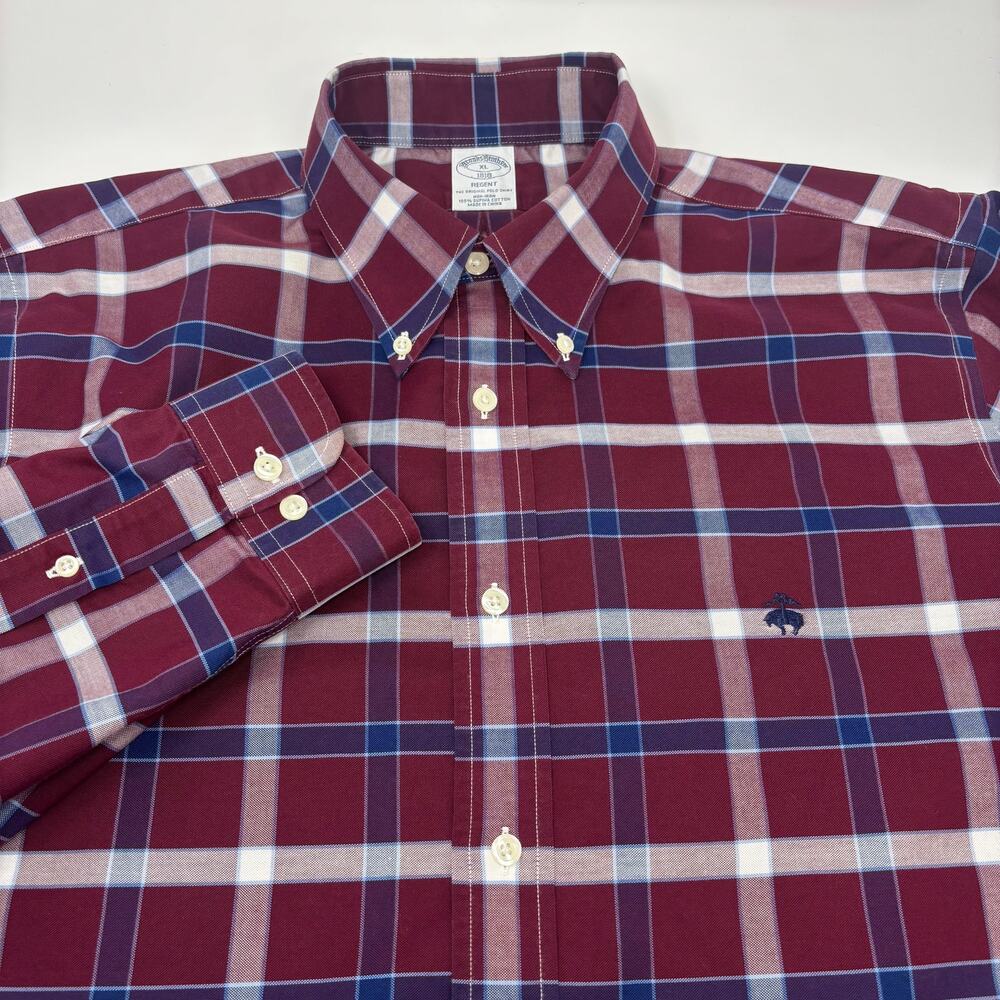 Brooks Brothers XL Burgundy Red Blue Plaid Long Sleeve Button Down Regent Shirt‎